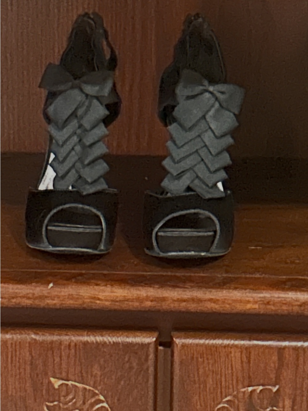 Black Satin Peep-Toe High Heels with Decorative Front Ruffle - Picture 2 of 2